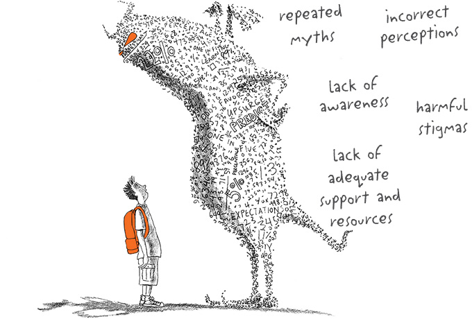 image of a child looking up at a monster to represent the barriers of learning differences
